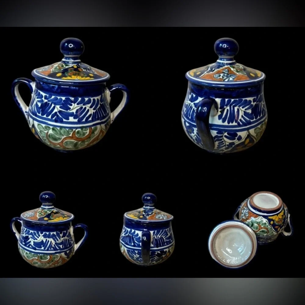 Vintage 70s Mexican Talavera by Vazquez Teapot Teacup and Saucer and Sugar Set